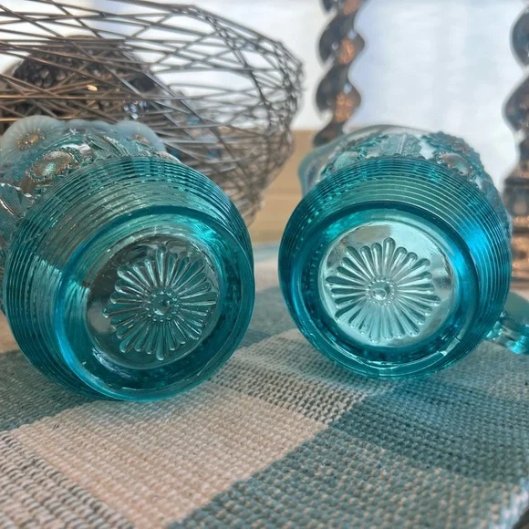 Northwood Antique Blue Opalescent Jewel And Flower Spooner & Creamer 1900’s - Picture 3 of 4